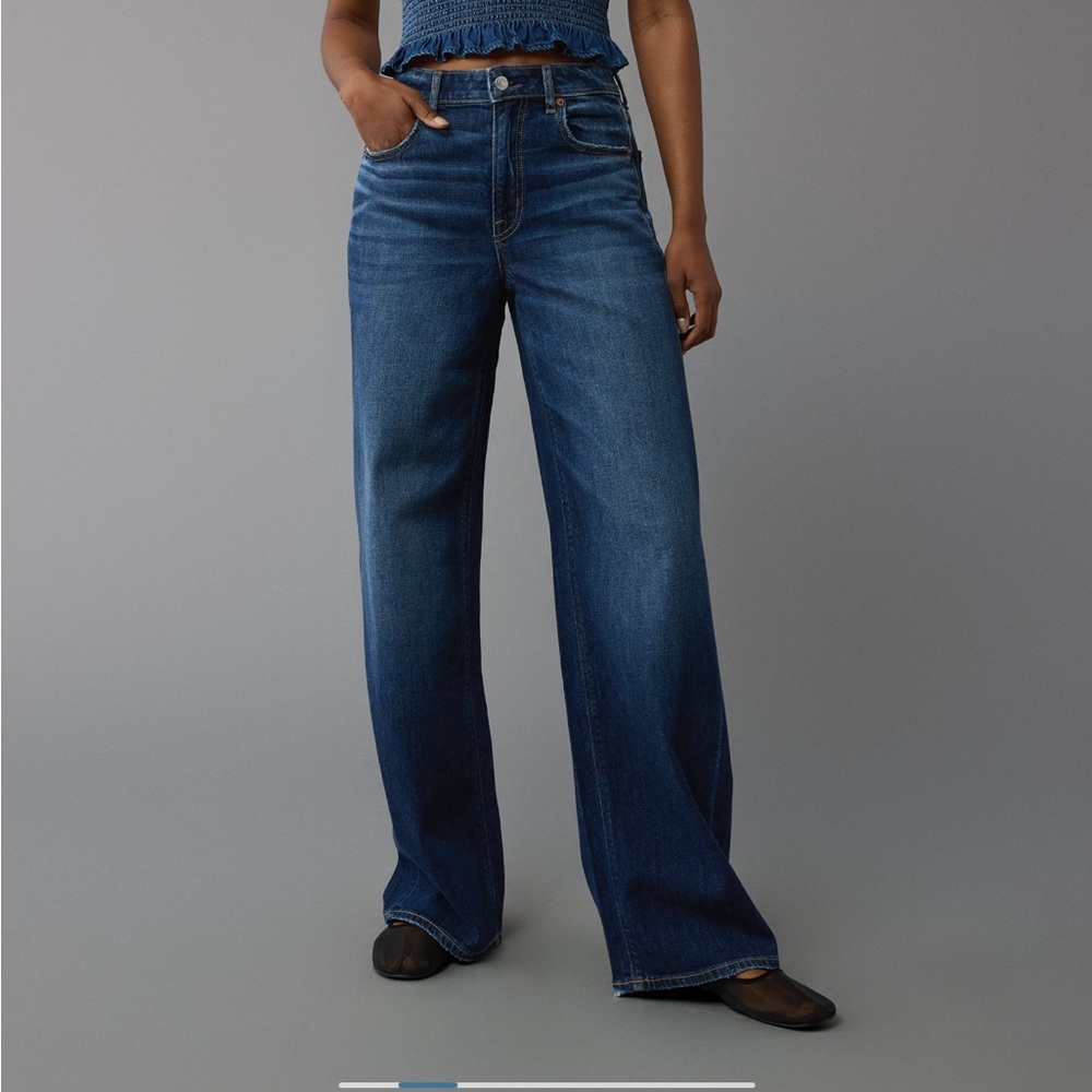 AE Dreamy Drape Stretch Super High-Waisted Baggy Wide Leg Jeans Sz 0 Dark Clouds
